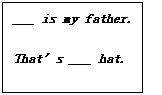 ı: ___ is my father.   That's ___ hat.  